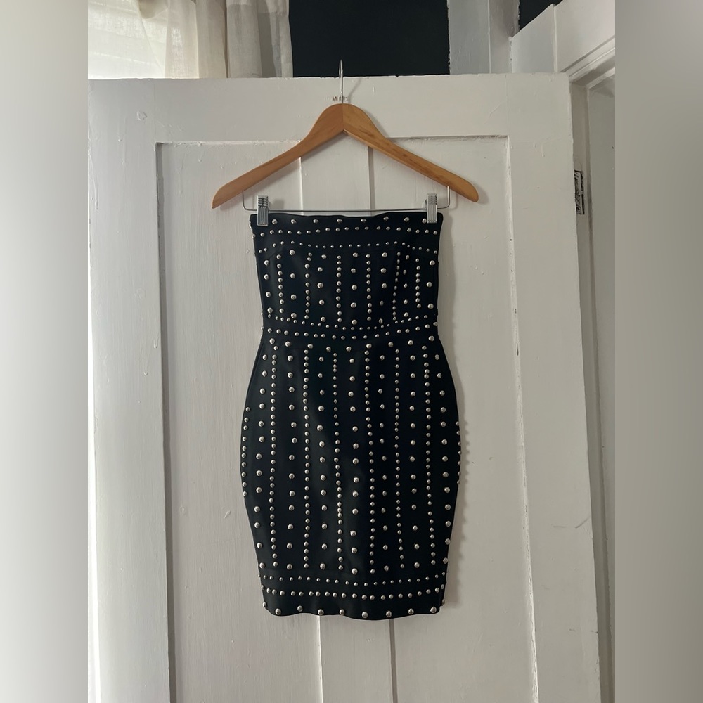 Missguided Black Strapless Moto Goth Studded Bandage Dress Size 2